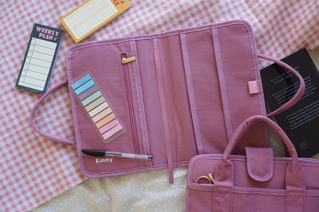 Personalised pink book bag with handles, hot pink stationery pouch with initial, matching pink book cover and pencil case, screen-free wellness gifts for readers, unique birthday gift for bookworms, water-resistant pink book pouch, luxury reading bundle f