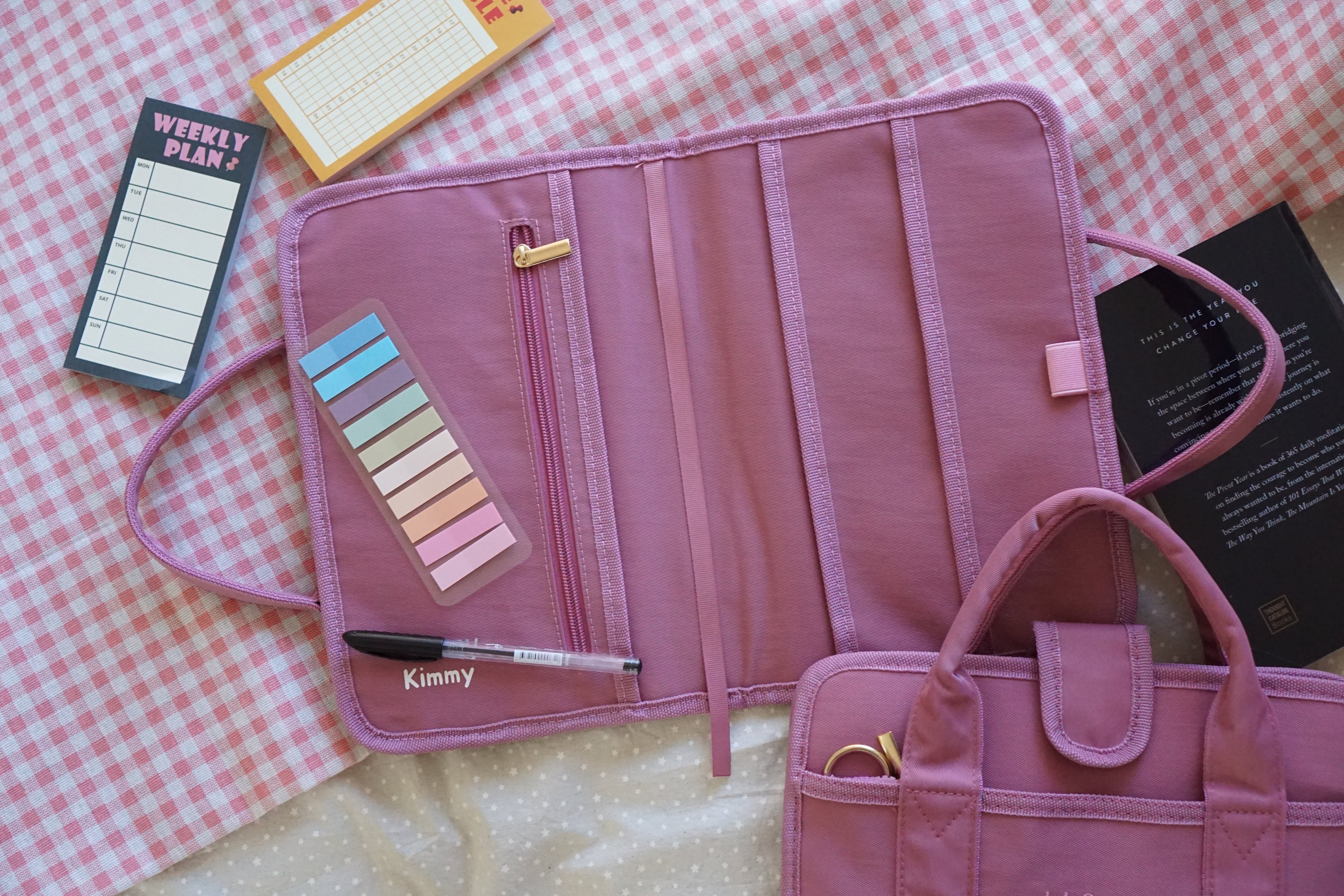 Personalised pink book bag with handles, hot pink stationery pouch with initial, matching pink book cover and pencil case, screen-free wellness gifts for readers, unique birthday gift for bookworms, water-resistant pink book pouch, luxury reading bundle f