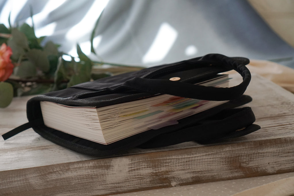 Personalised initial book pouch, black nylon book cover with pockets, hot pink stationery pouch with zipper, screen-free reading gifts, unique birthday gift for readers, matching book and stationery set, durable book protector bag.