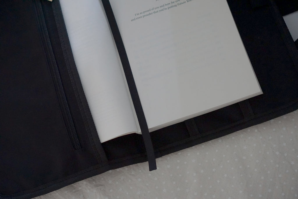 Personalised initial book pouch, black nylon book cover with pockets, hot pink stationery pouch with zipper, screen-free reading gifts, unique birthday gift for readers, matching book and stationery set, durable book protector bag.