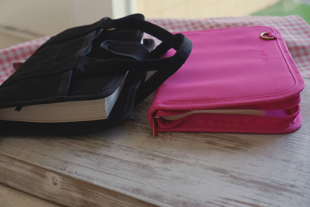 Personalised Reading Bundle | Black Nylon Book Cover Bag & Hot Pink Stationery Pouch Reading Bundle