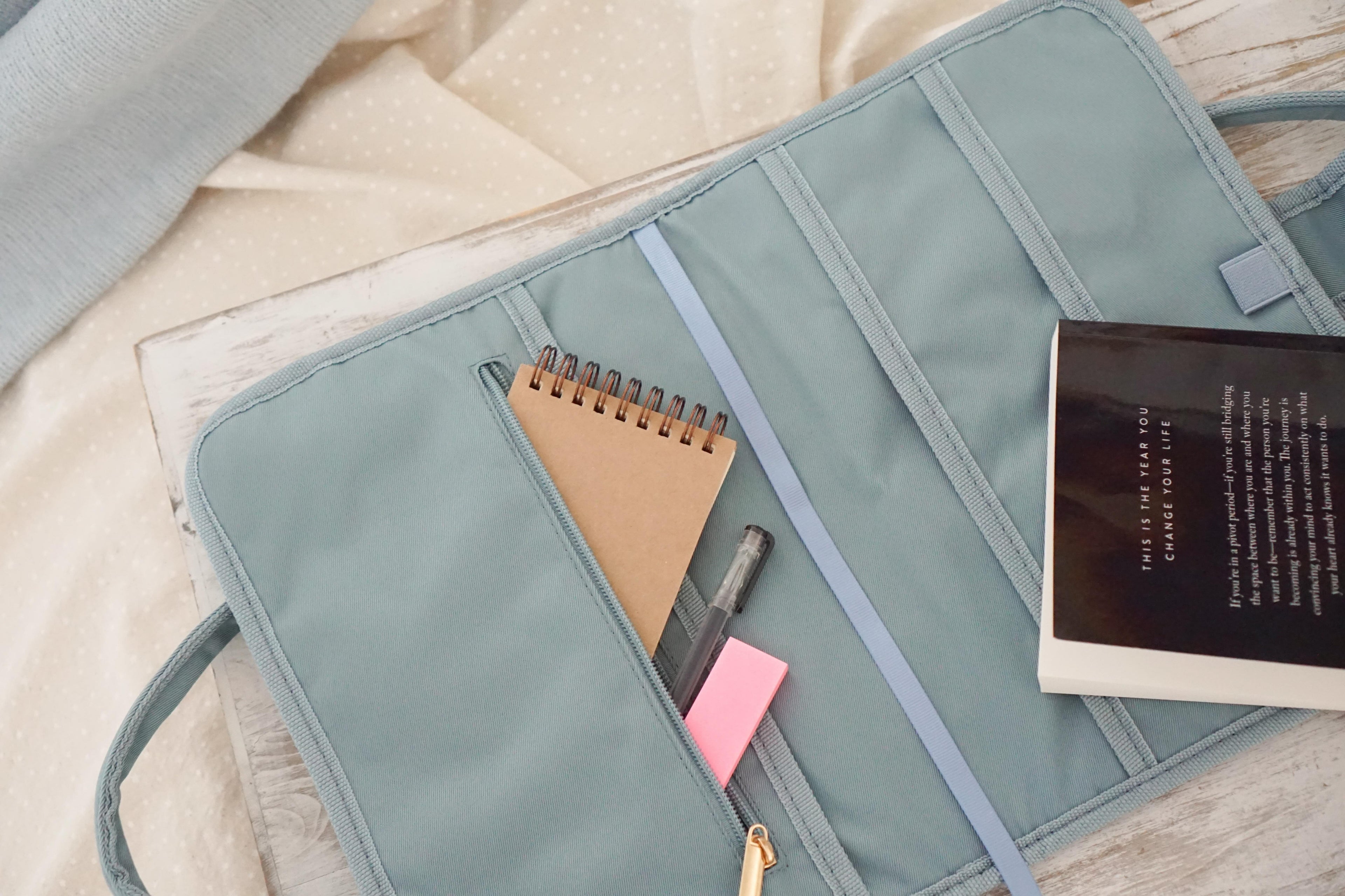 Personalised blue book bag for students, reading and writing bundle for authors, navy and light pink stationery set, durable book cover with pen loops, gift for bibliophiles and writers, matching blue book pouch and pencil case, screen-free focus tools fo