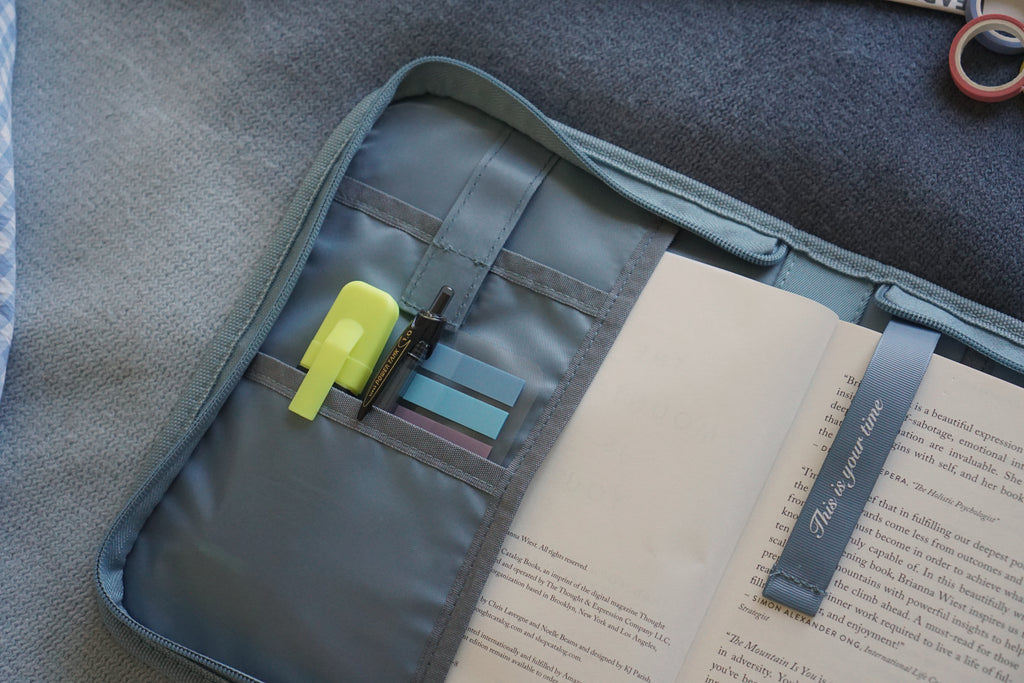 Personalised blue stationery pouch for pens and tabs, small book pouch for paperbacks, aesthetic blue zipper bag for readers, daily stationery organizer for journaling, gift for book lovers and writers, blue bookish accessories for students.