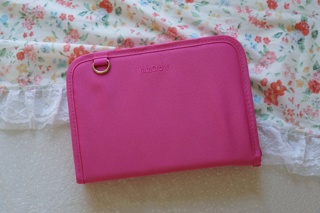 Personalised initial book pouch, black nylon book cover with pockets, hot pink stationery pouch with zipper, screen-free reading gifts, unique birthday gift for readers, matching book and stationery set, durable book protector bag.