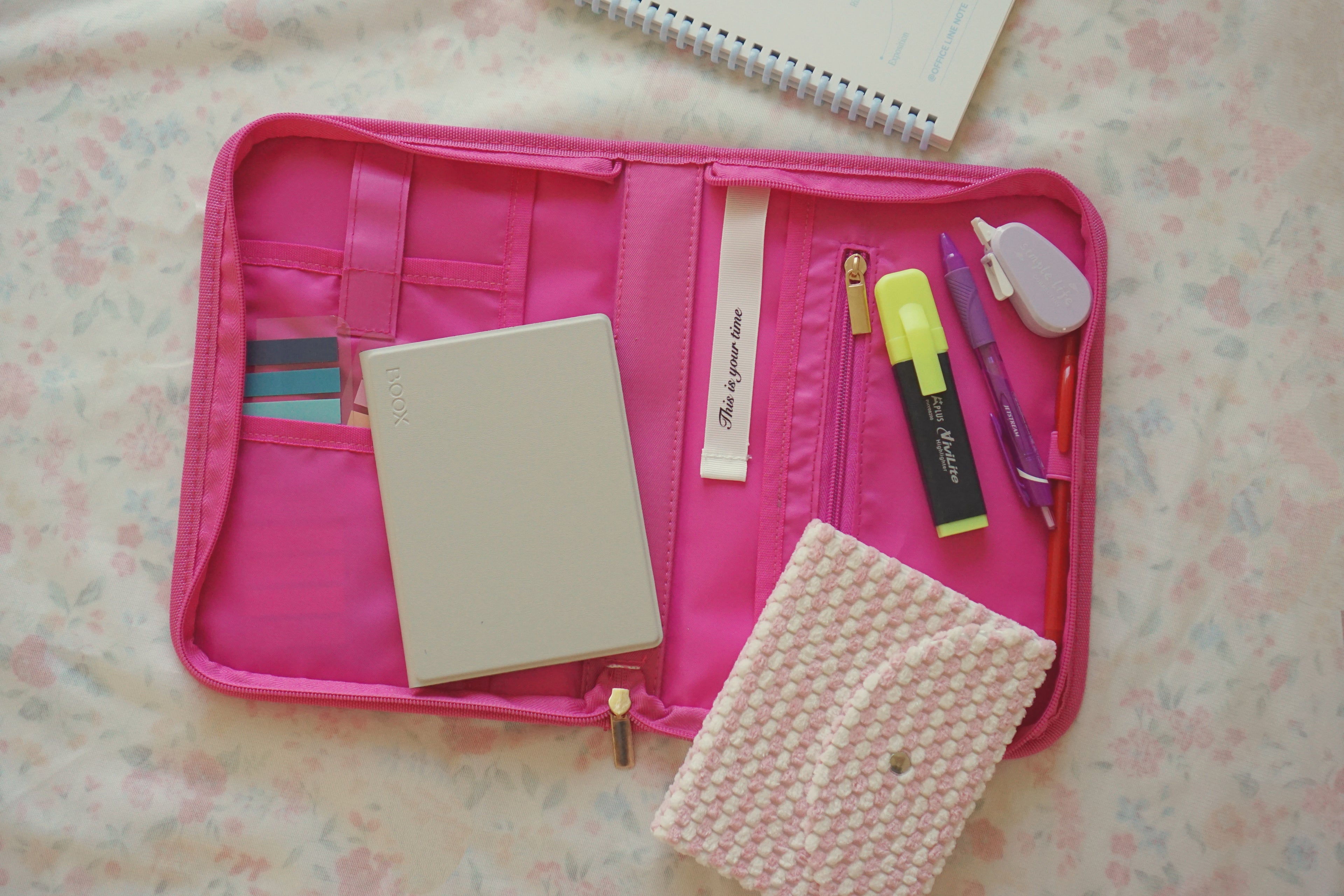 Personalised hot pink stationery pouch for pens, small book pouch for pocket paperbacks, aesthetic pink zipper bag for readers, daily essentials organizer for travel, unique gift for pink lovers, hot pink bookish accessories with initials.