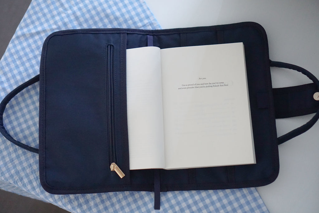 Personalised navy blue book bag with handles, hot pink stationery pouch with initial, matching book cover and pencil case set, screen-free wellness gifts, unique book lover gift for birthdays, water-resistant navy book pouch, luxury reading bundle.
