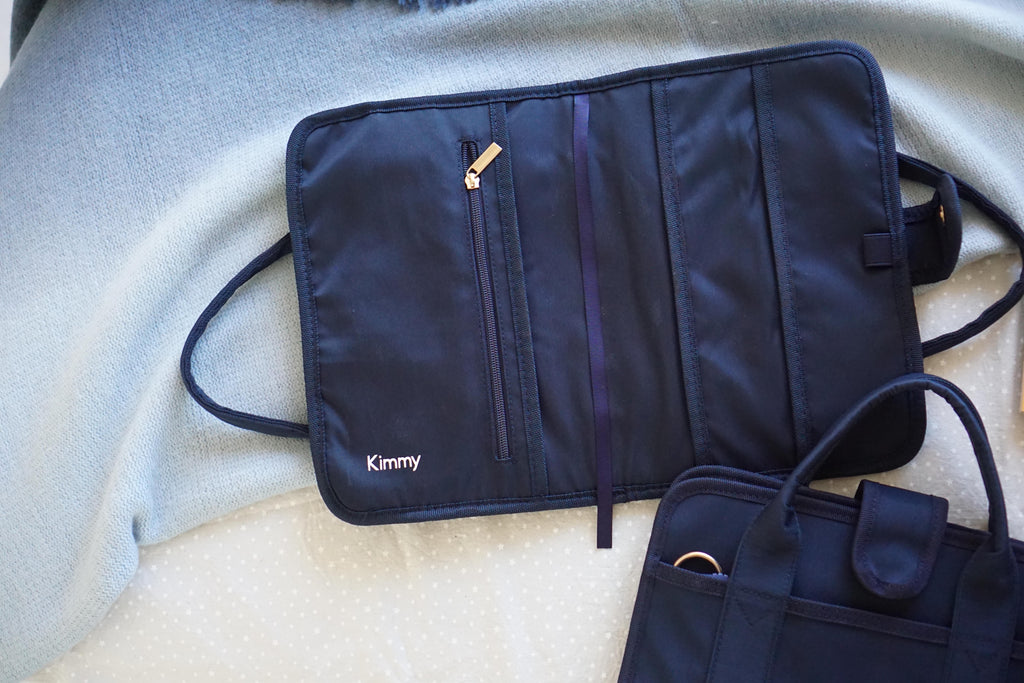 Personalised navy blue book bag with handles, hot pink stationery pouch with initial, matching book cover and pencil case set, screen-free wellness gifts, unique book lover gift for birthdays, water-resistant navy book pouch, luxury reading bundle.