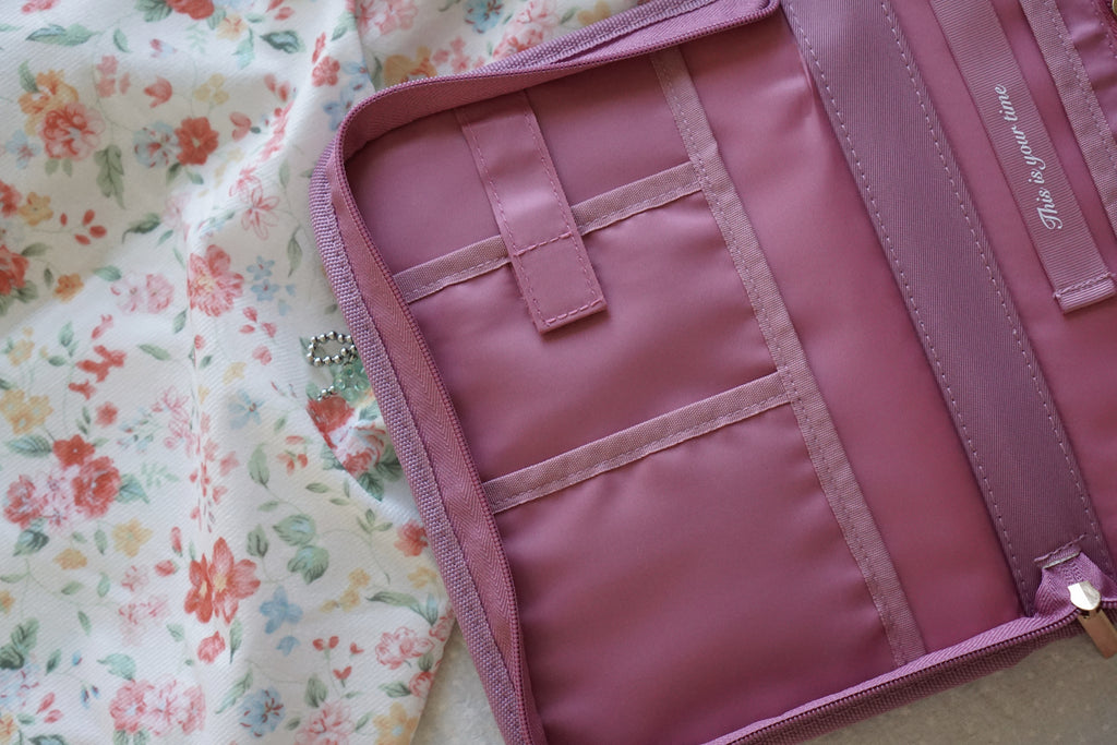 Personalised pink stationery pouch for pens and tabs, small book pouch for light reading, aesthetic pink zipper bag for book lovers, daily essentials organizer for women, custom initial pink book pouch, travel-size stationery bag for readers.